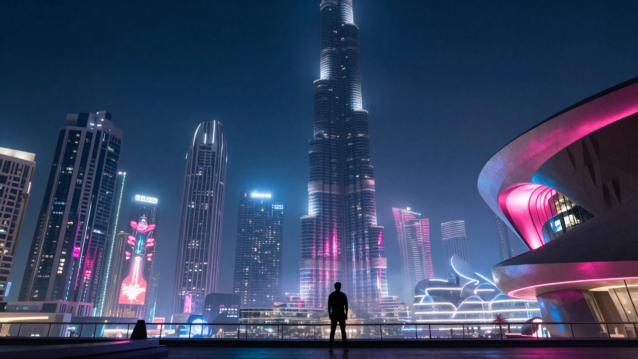 Dubai’s neon-lit skyline at night with Burj Khalifa towering over futuristic architecture.