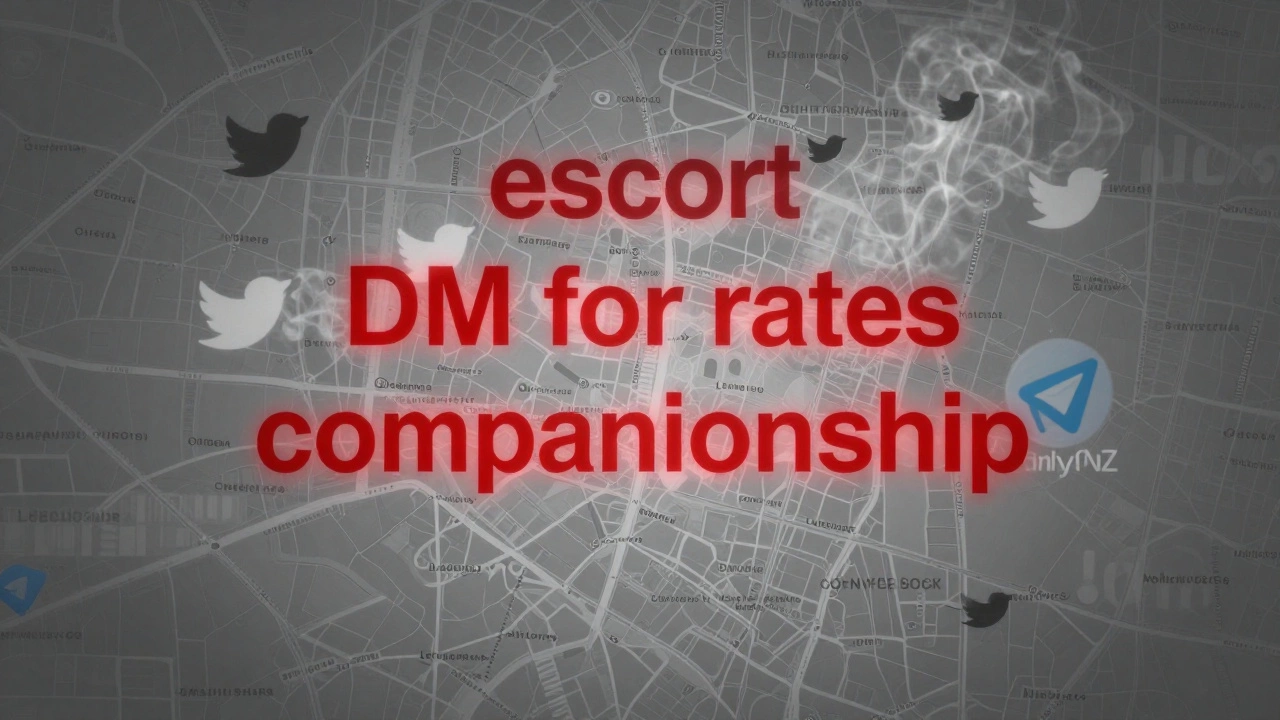 Fading Twitter icons dissolving over a London map, with banned keywords in red strike-through, while alternative platforms appear faintly in the background.