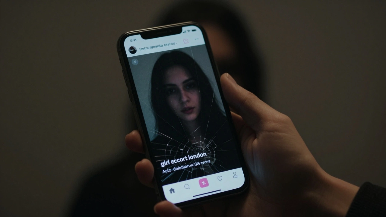 Hand holding a smartphone showing a disappearing Instagram story with coded sex work text, shadow reflected in the screen.